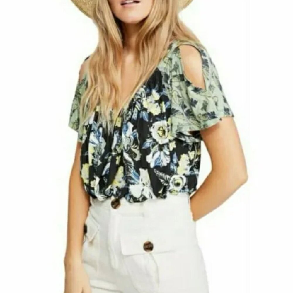 Free People Baja Babe Cold Shoulder Black Combo Floral Print Top M